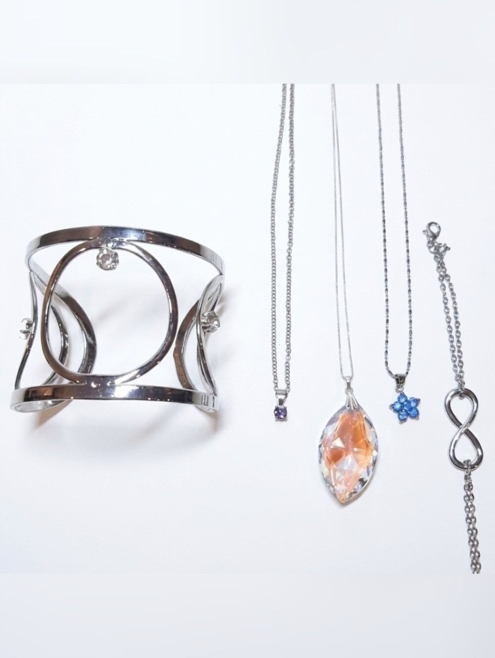5Pc Jewelry Set Faux Diamond Gemstone Necklace Silver Bangle Infinity Bracelet